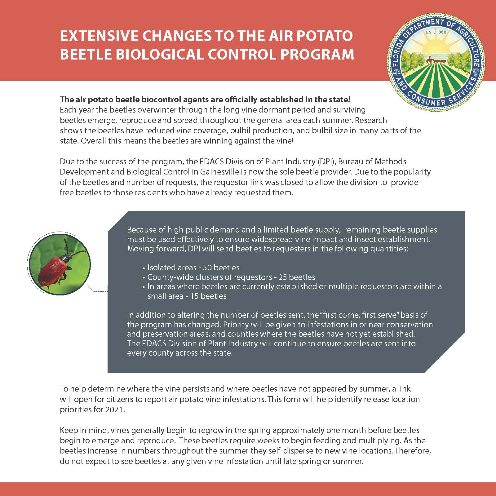 Flyer from FDACS explaining new beetle release procedures.